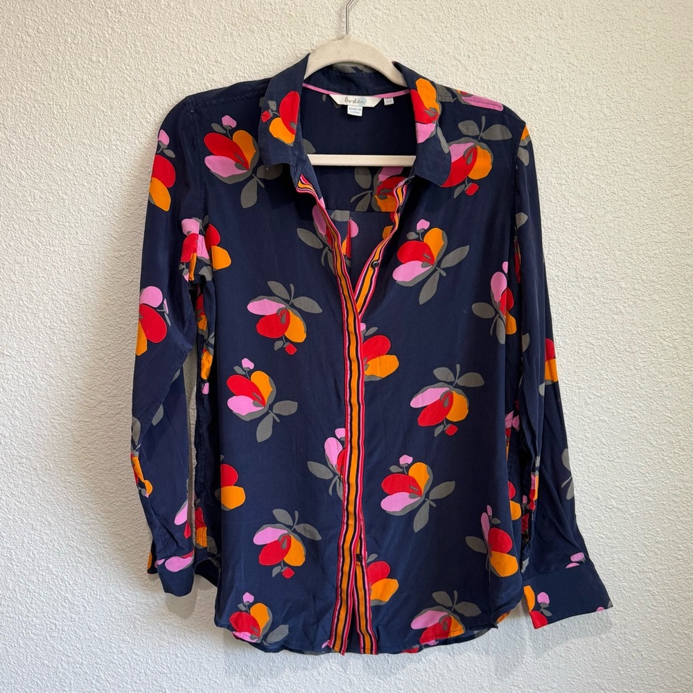 Boden Women's Silky Floral Button Down Blouse Pretty Colorful Office 8